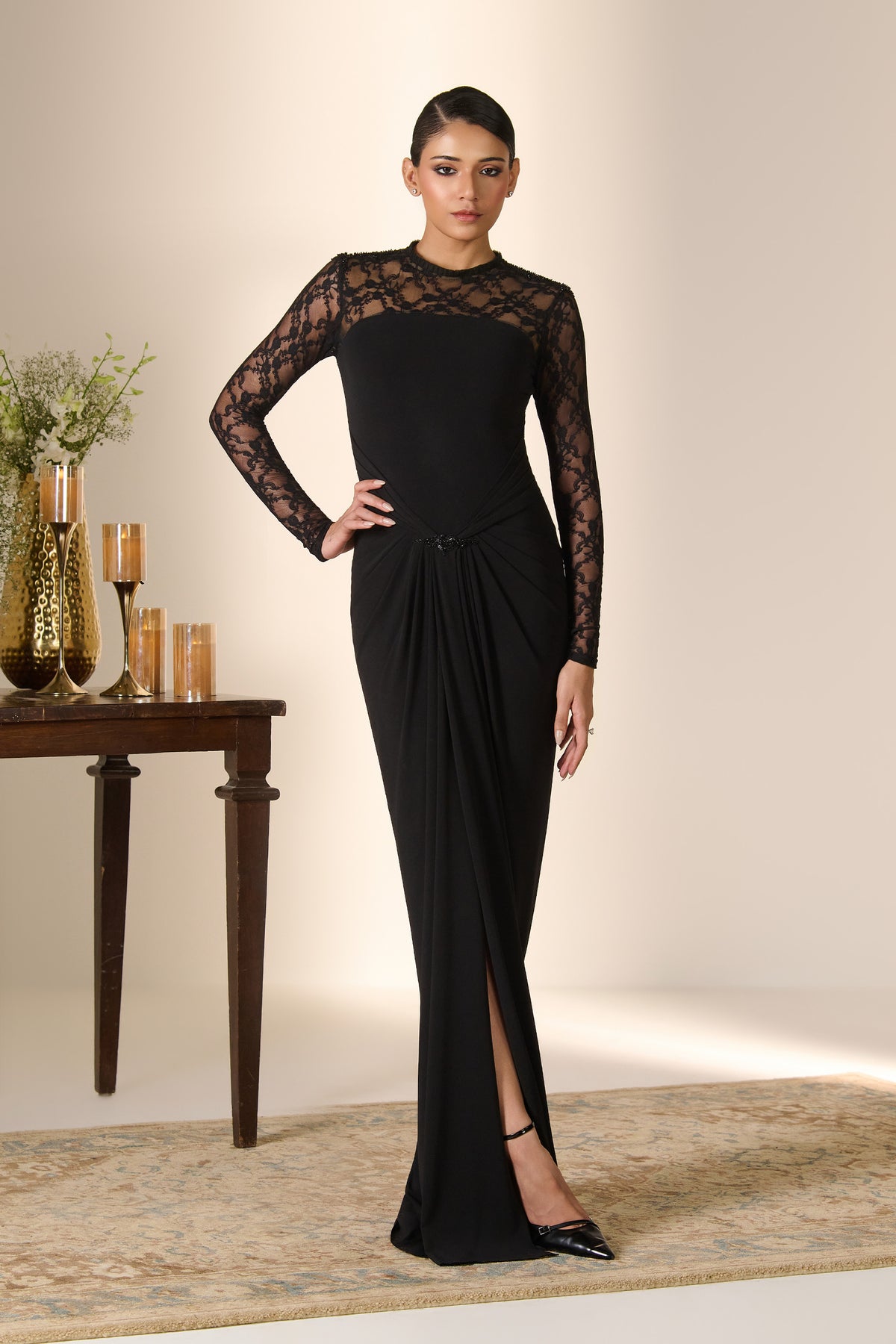 Patterned Mesh Saree Gown