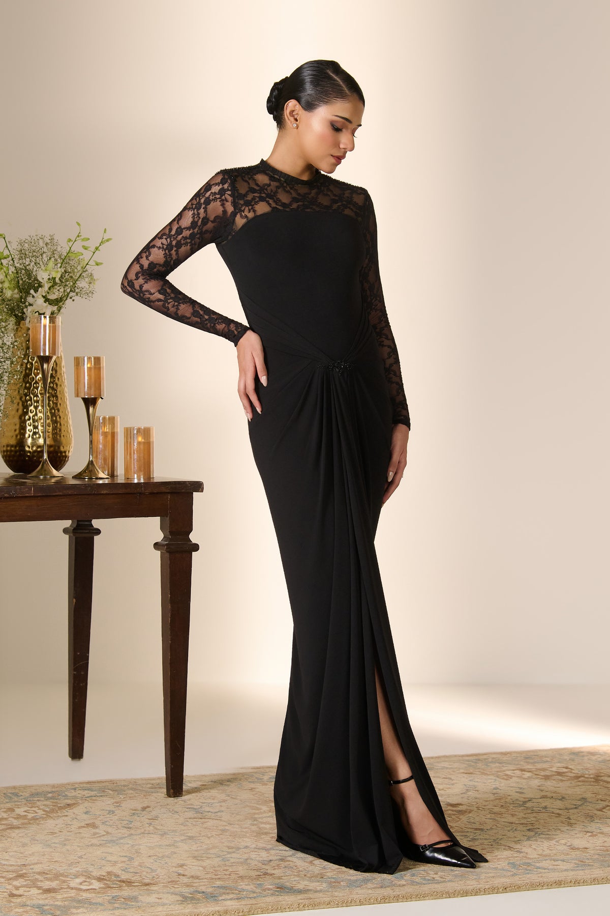 Patterned Mesh Saree Gown