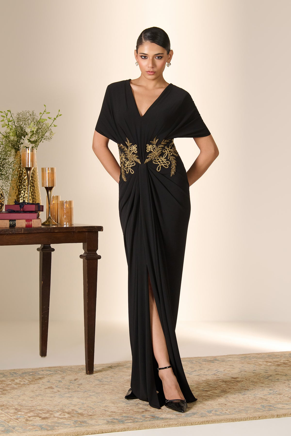 Black Baroque Embroidered Drape Saree Gown