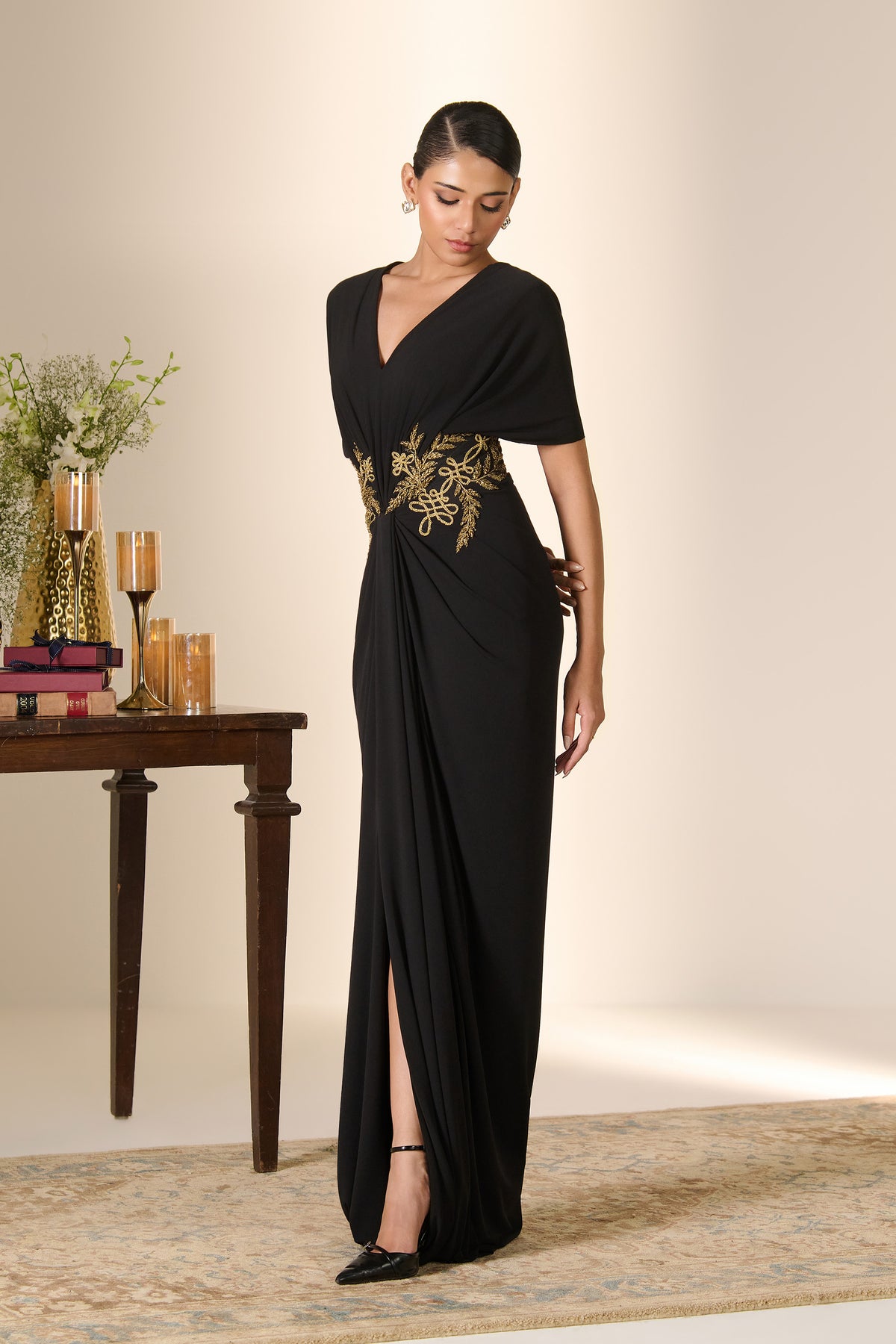 Black Baroque Embroidered Drape Saree Gown