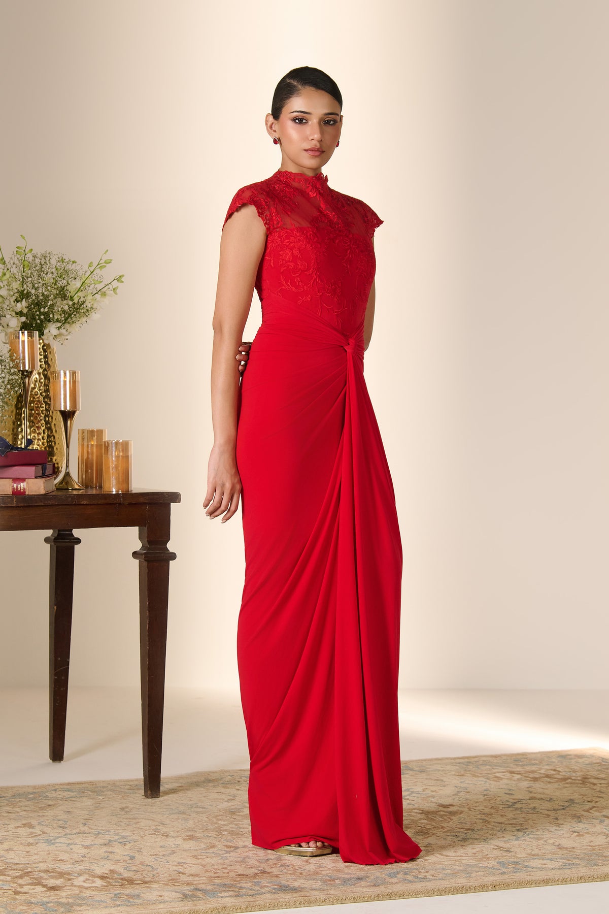 Crimson Patterned Mesh Saree Gown
