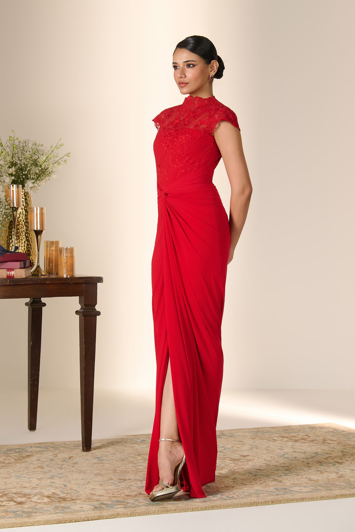 Crimson Patterned Mesh Saree Gown
