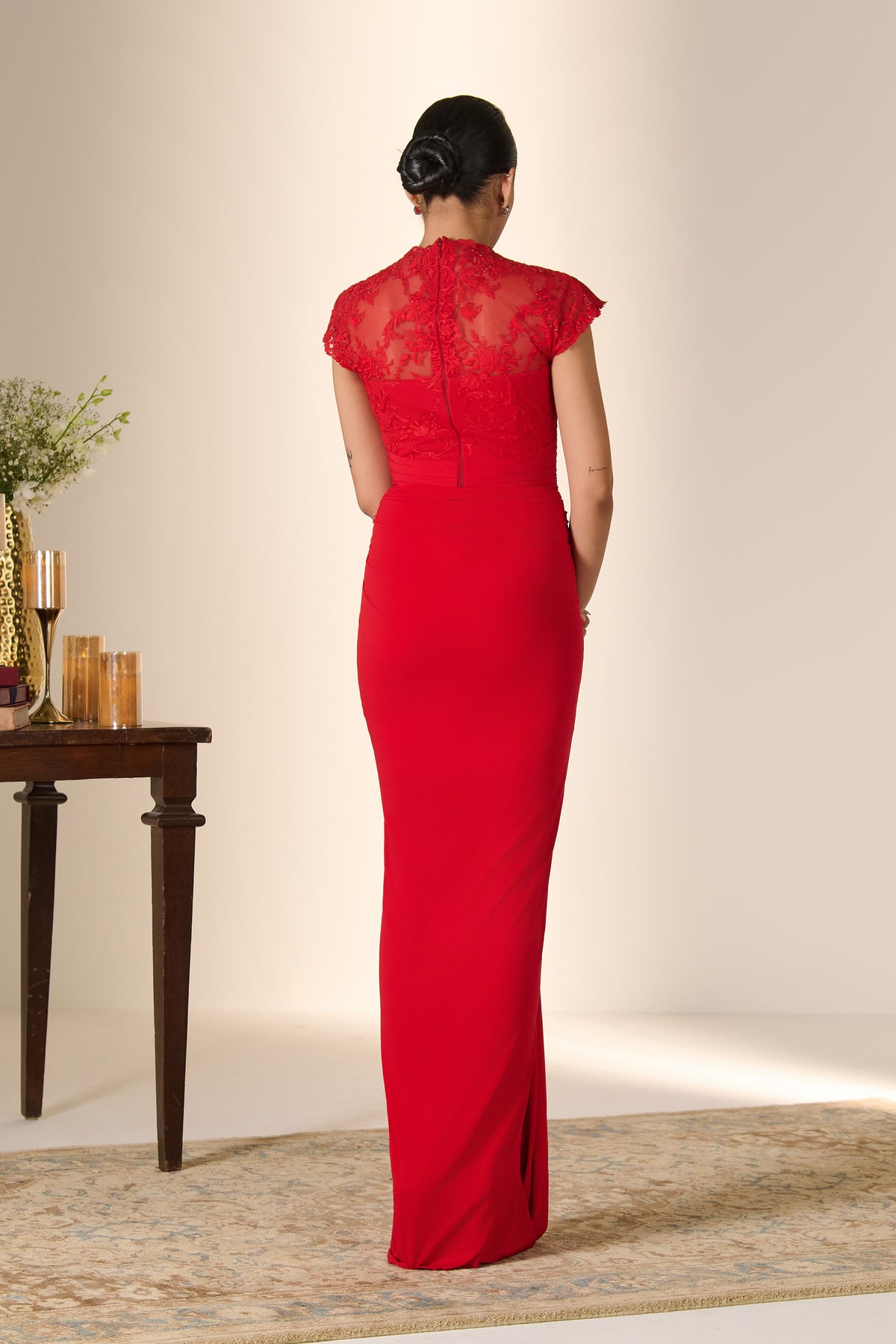 Crimson Patterned Mesh Saree Gown