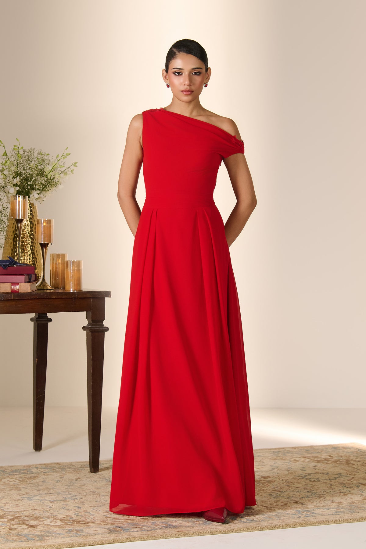 Crimson Off-Shoulder Drape Saree Gown