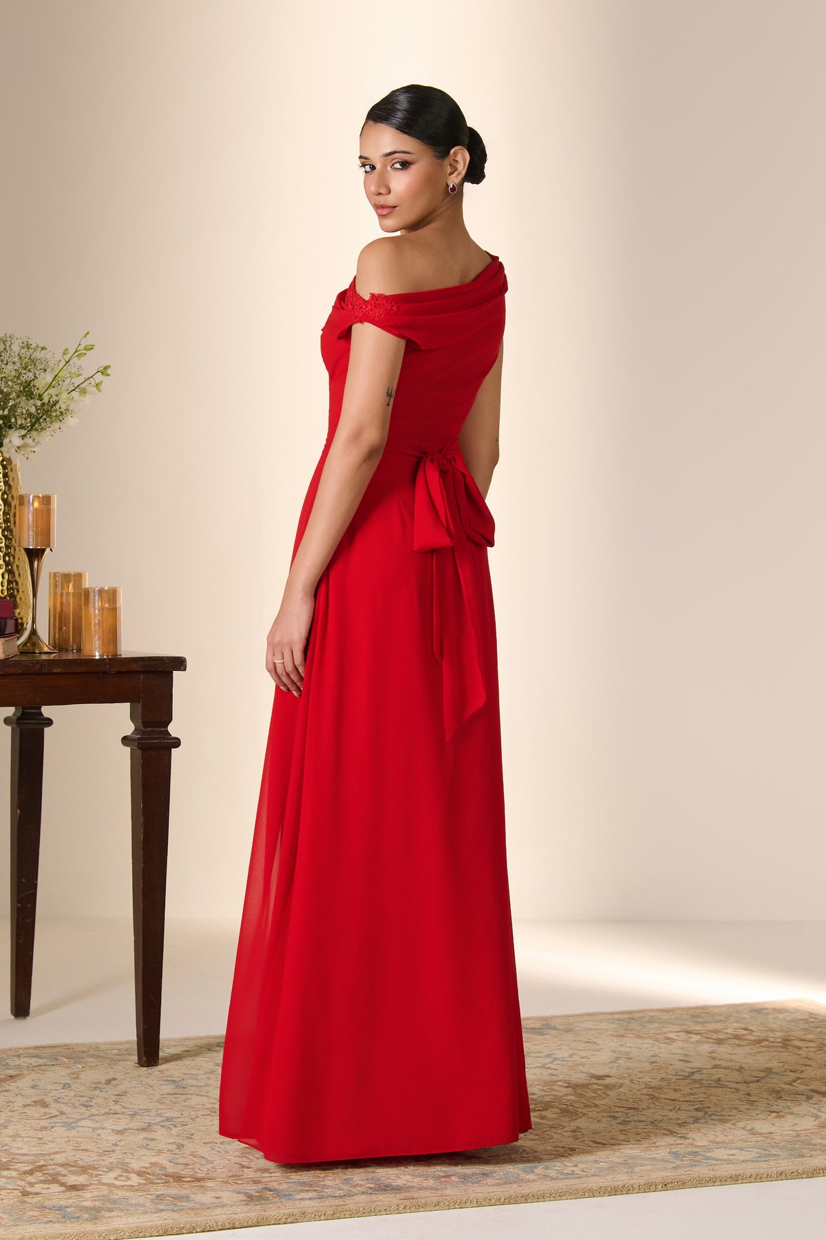 Crimson Off-Shoulder Drape Saree Gown