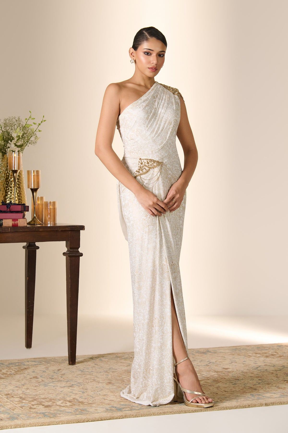 Ivory Printed One-Shoulder Saree Gown