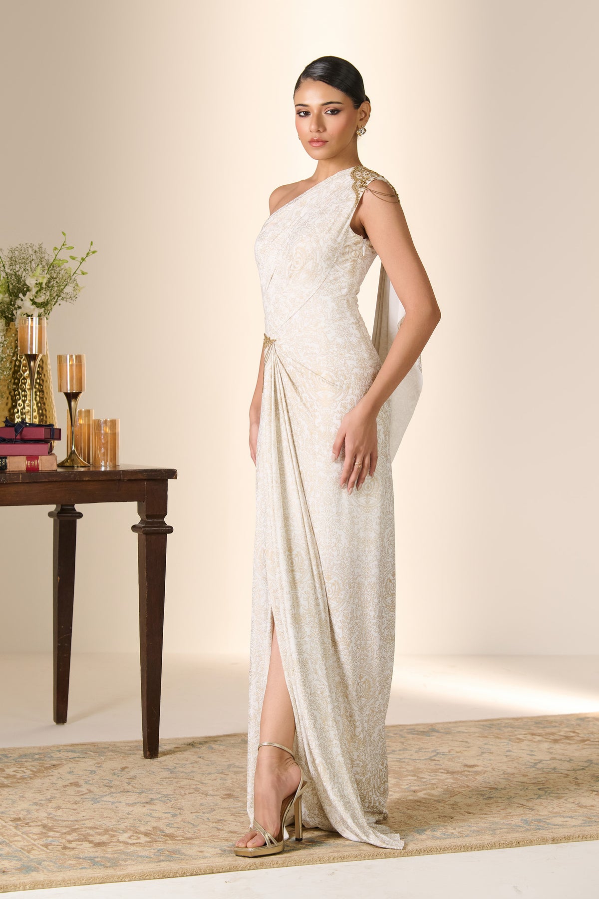 Ivory Printed One-Shoulder Saree Gown
