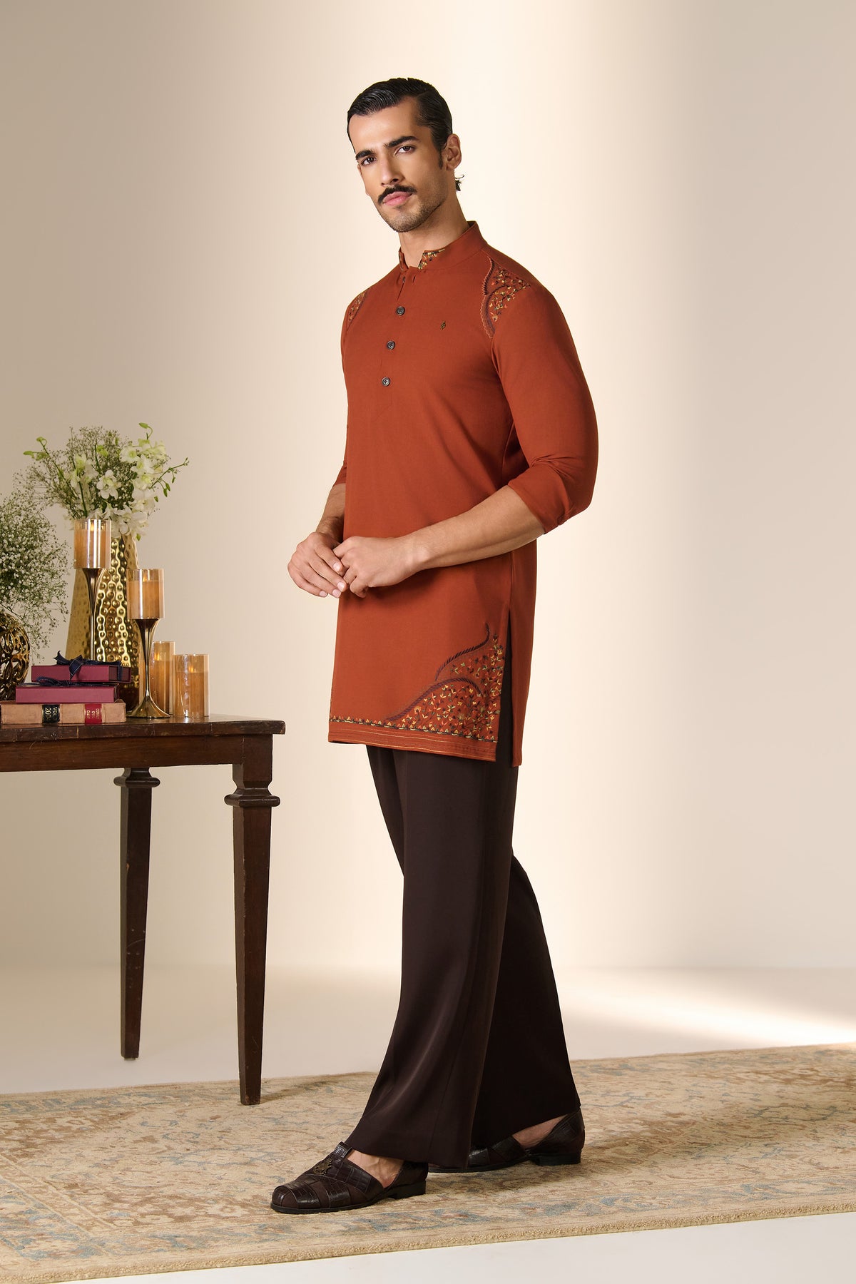 Rust Embroidered Kurta