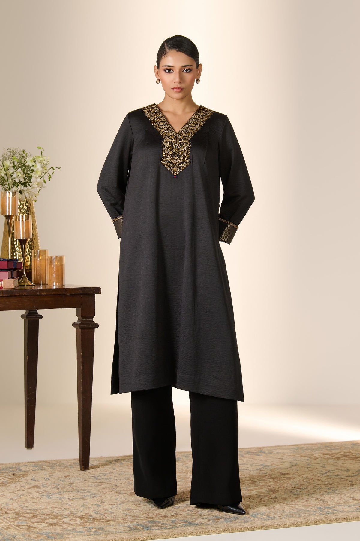 Black Zari Neck Kurta
