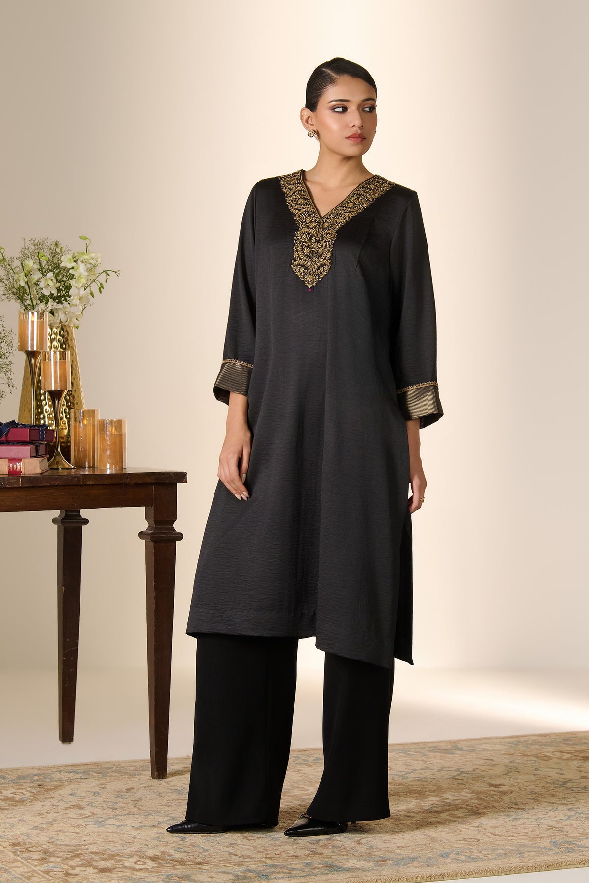 Black Zari Neck Kurta