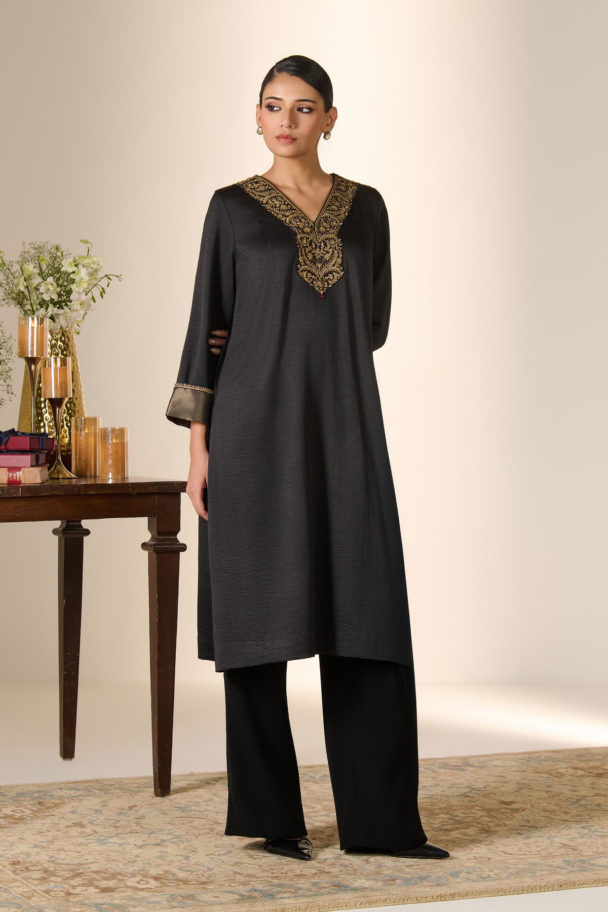 Black Zari Neck Kurta