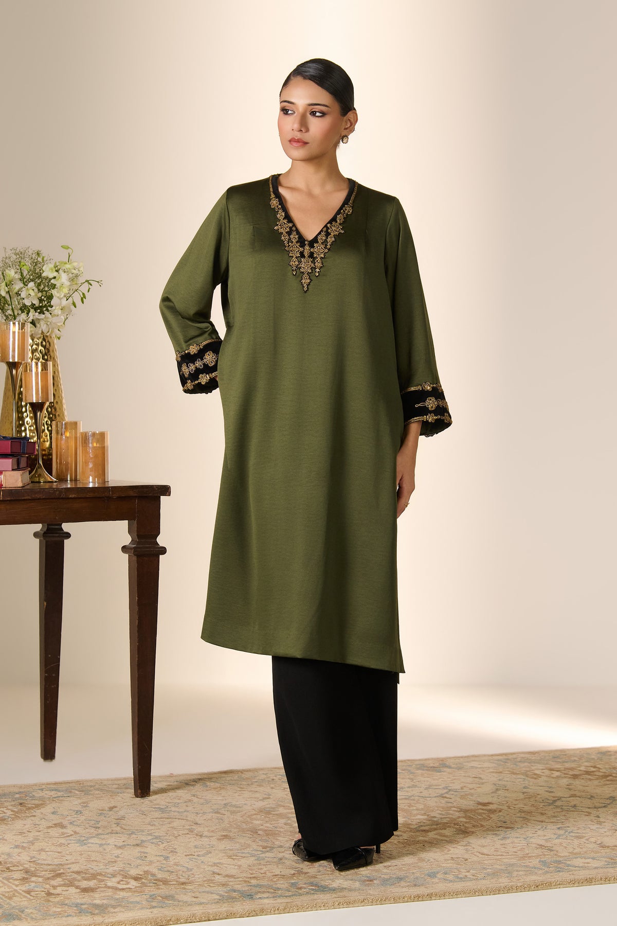 Olive Zari Neck Kurta