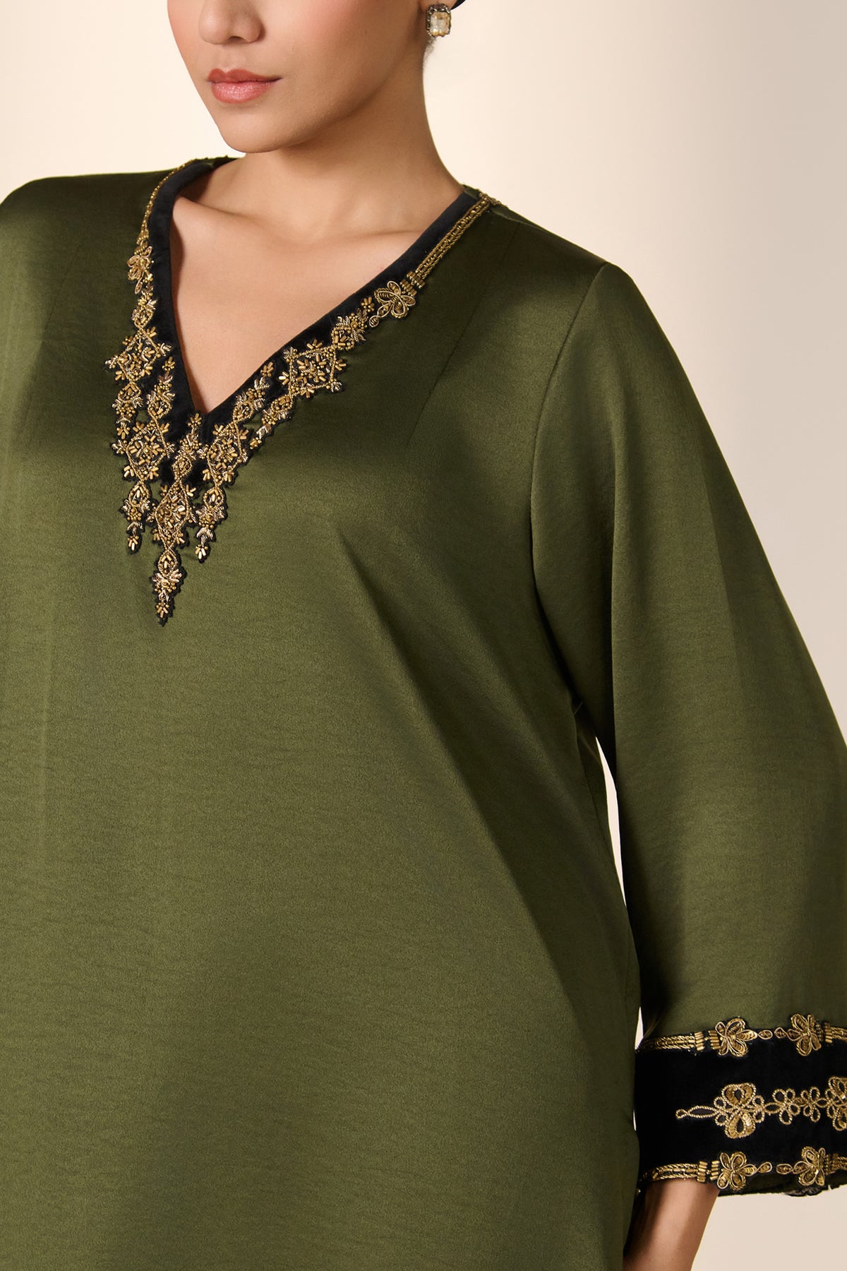 Olive Zari Neck Kurta