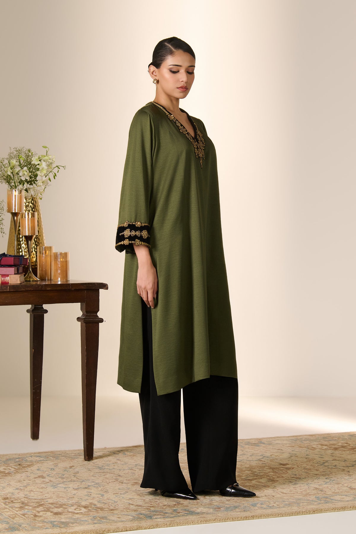 Olive Zari Neck Kurta