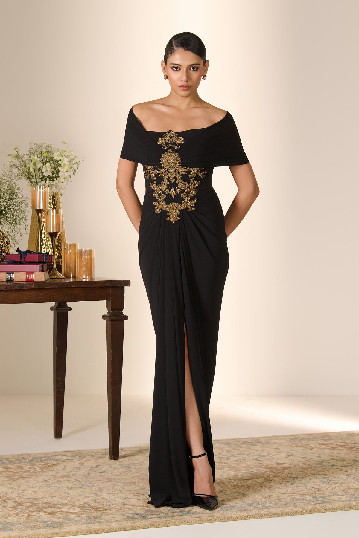 Baroque Embroidered Off-Shoulder Saree Gown