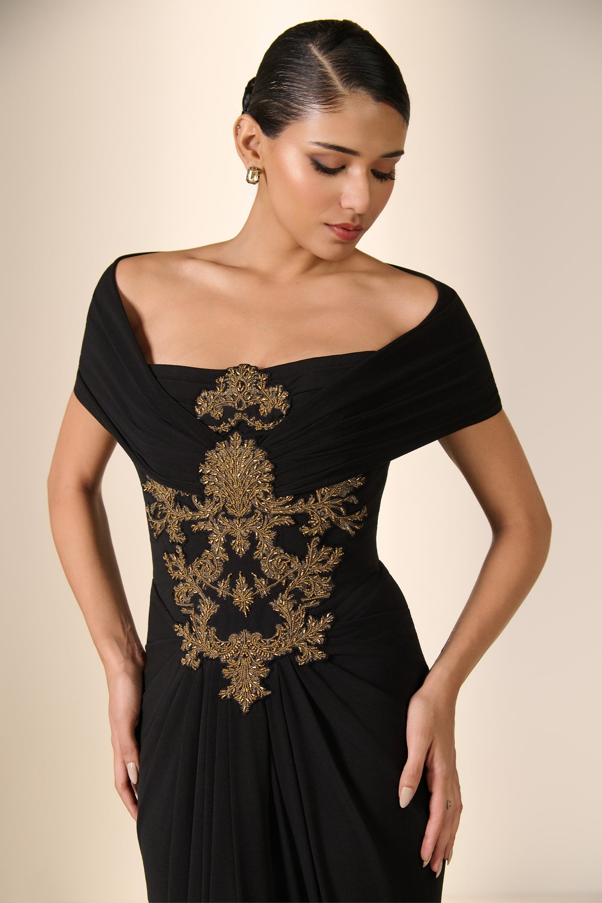 Baroque Embroidered Off-Shoulder Saree Gown
