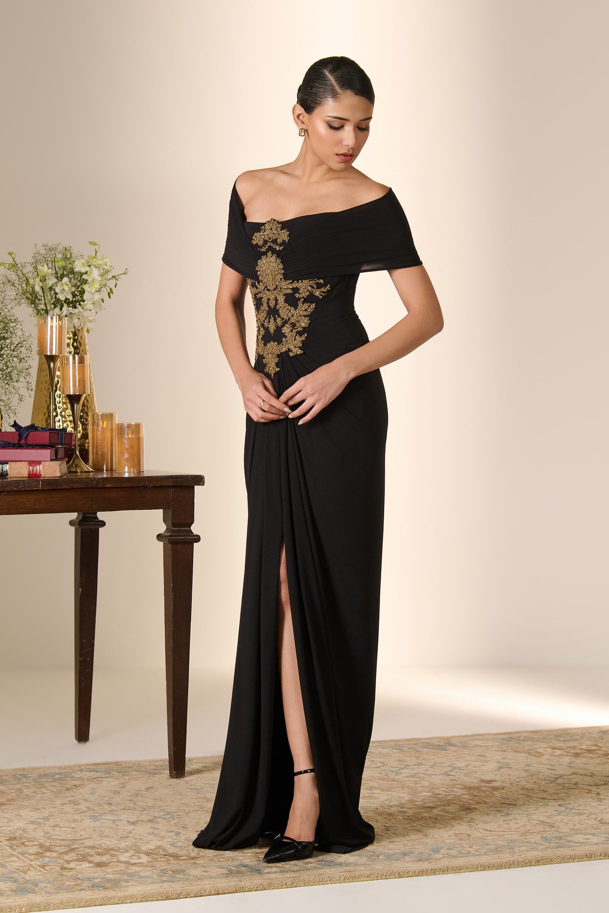 Baroque Embroidered Off-Shoulder Saree Gown