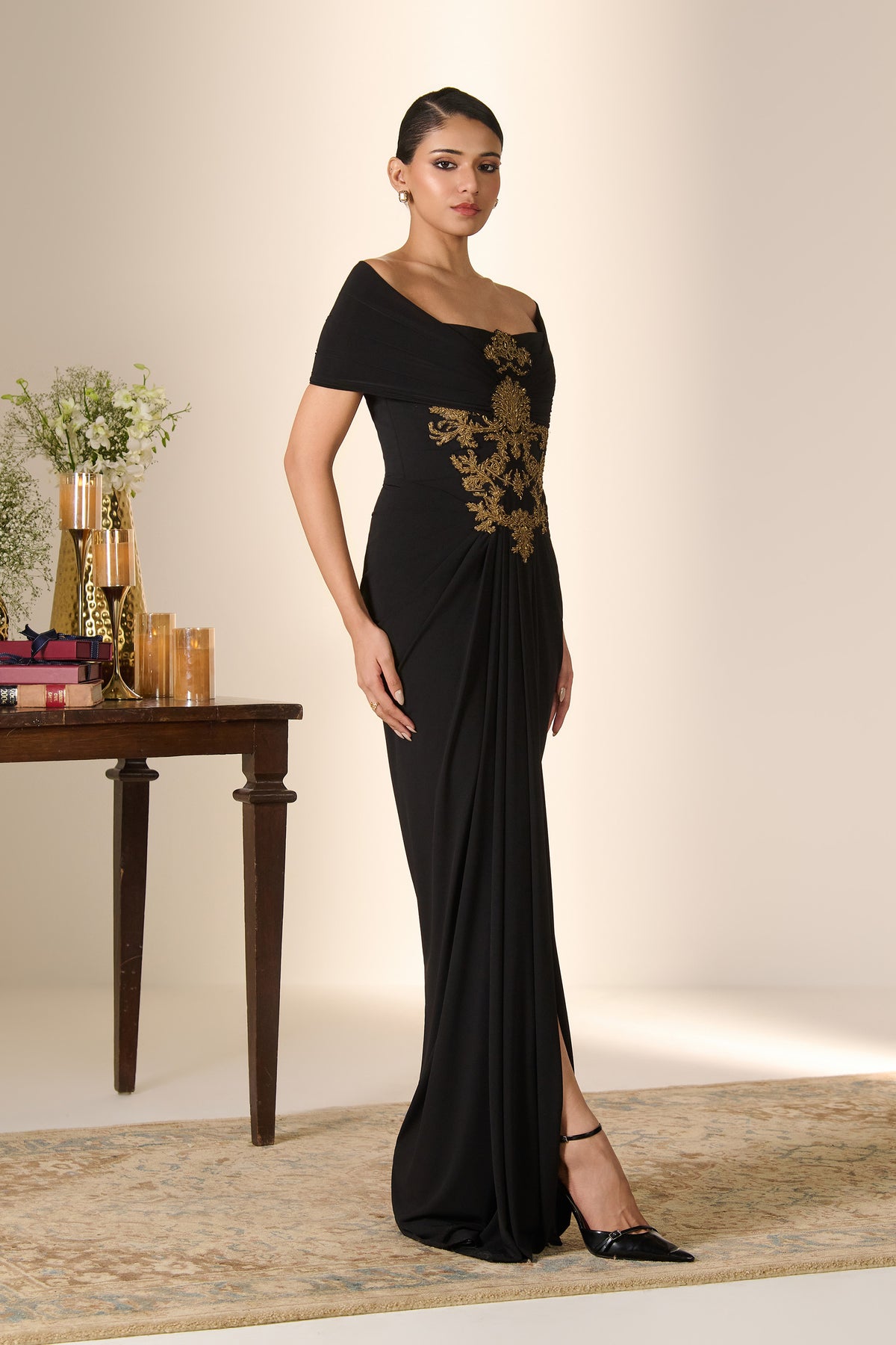 Baroque Embroidered Off-Shoulder Saree Gown