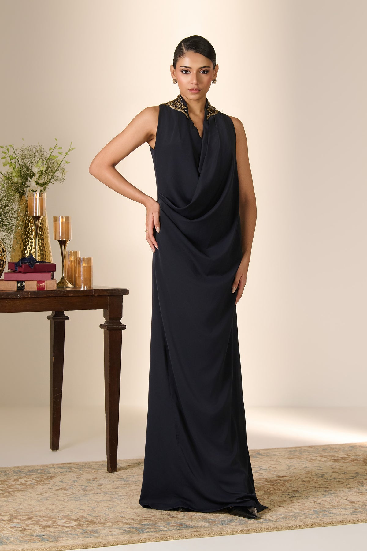 Navy Cowl Drape Saree Gown