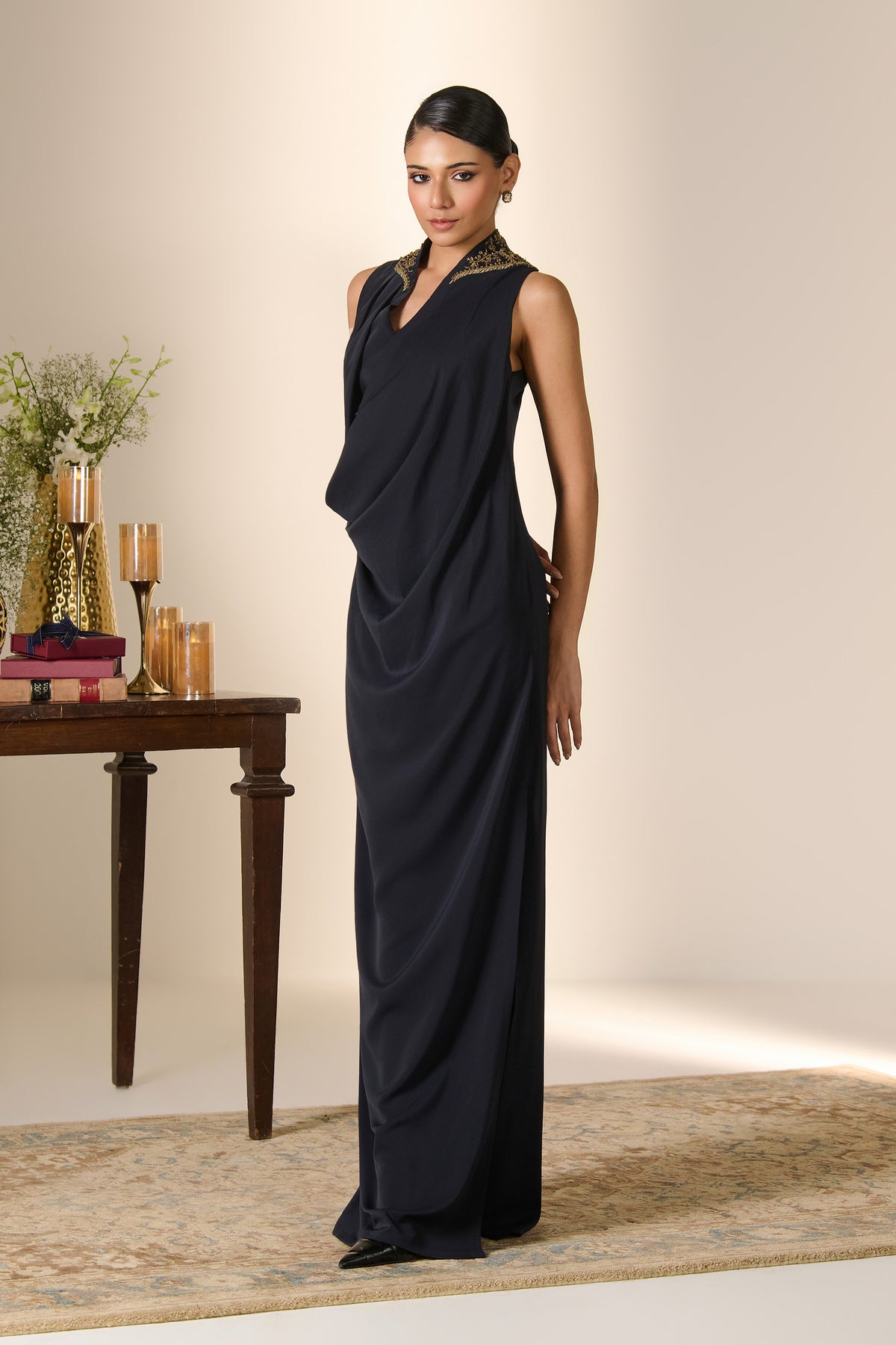 Navy Cowl Drape Saree Gown