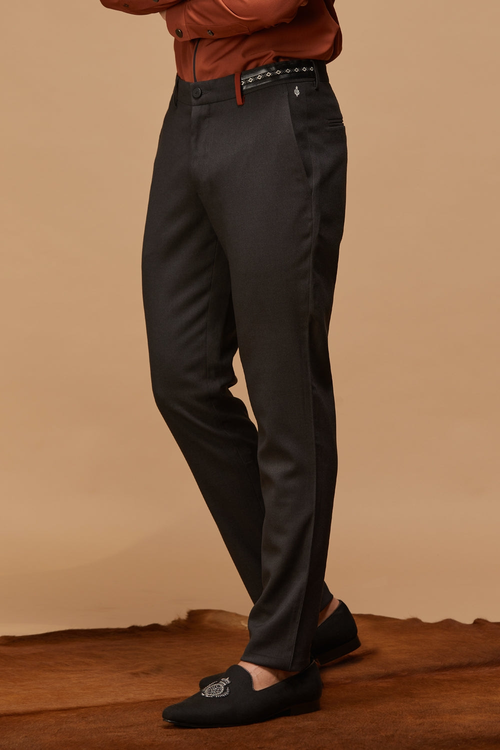 Slate Grey Trousers with Embroidered Waistband