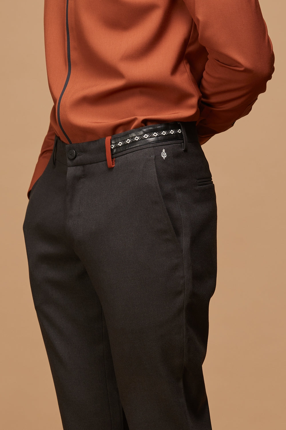 Slate Grey Trousers with Embroidered Waistband