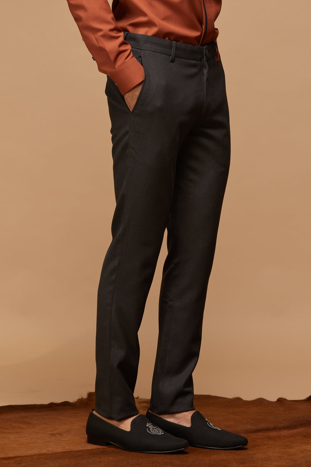 Slate Grey Trousers with Embroidered Waistband