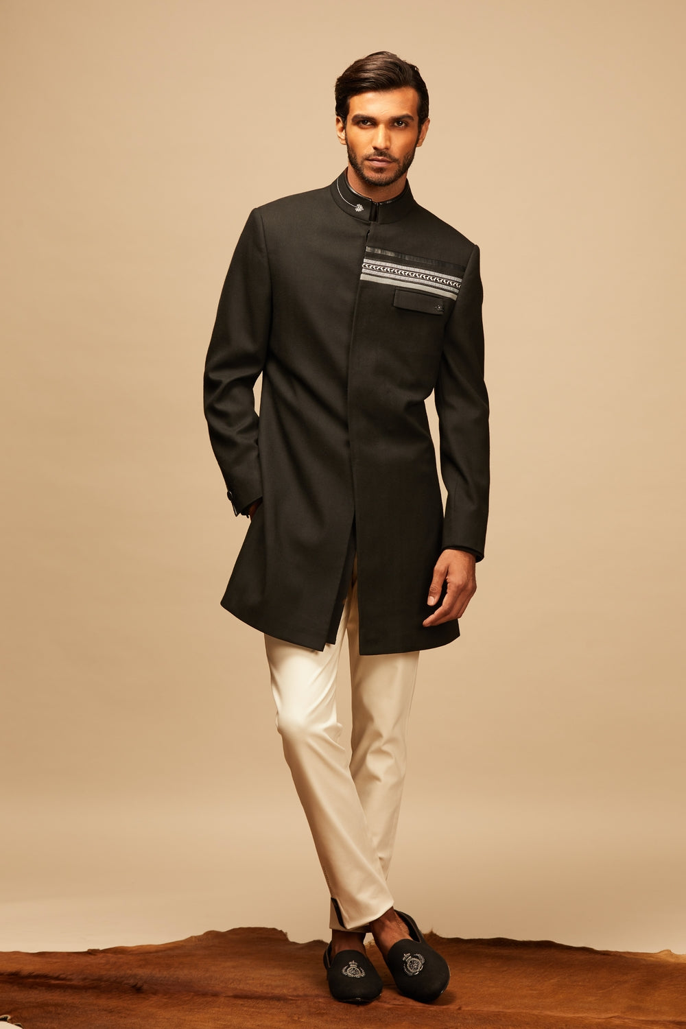 Classic Black Sherwani with Contrast Tape Details