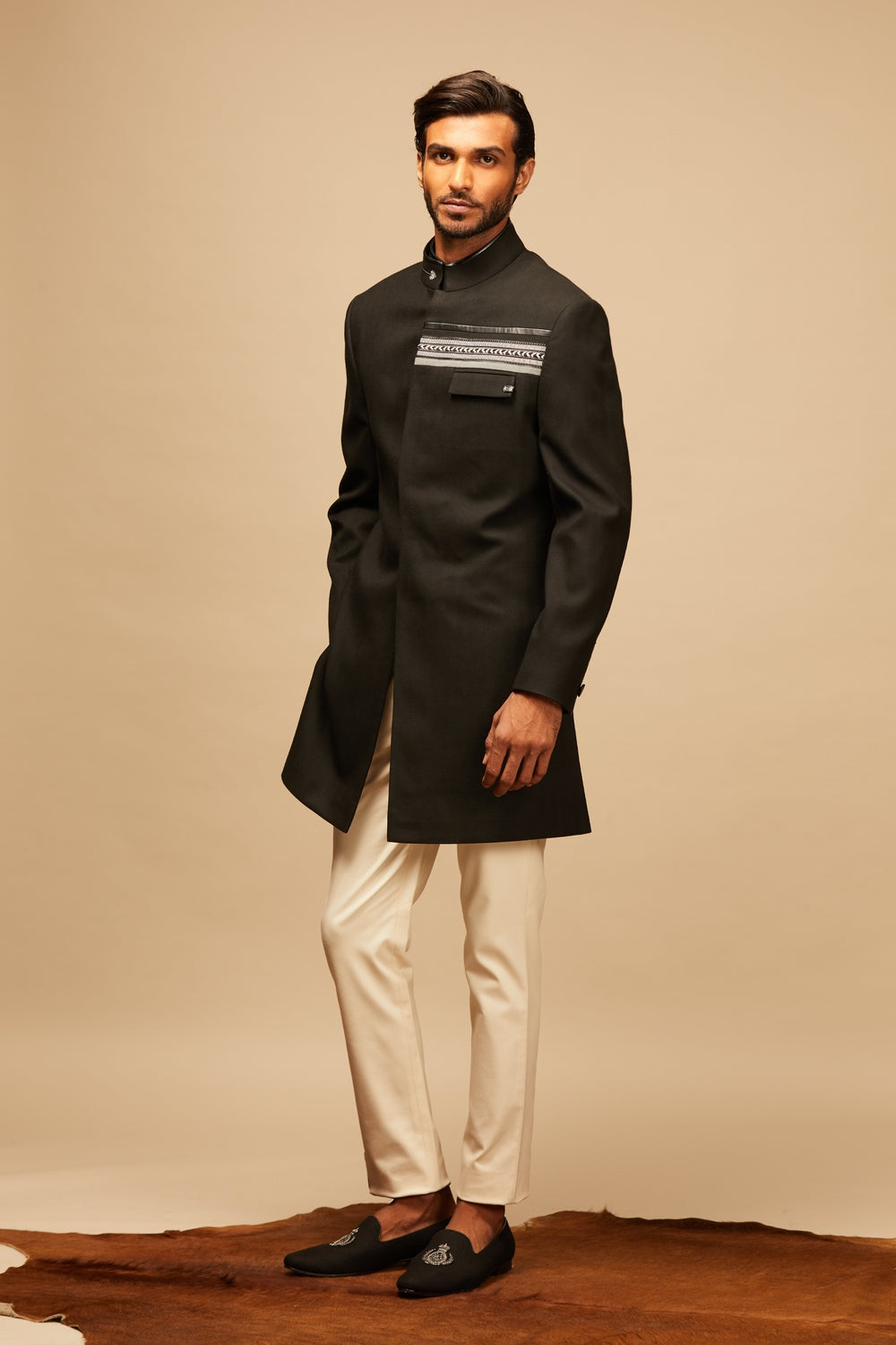 Classic Black Sherwani with Contrast Tape Details