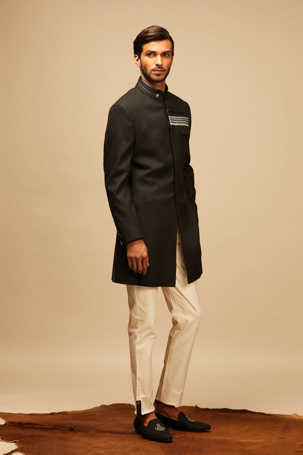 Classic Black Sherwani with Contrast Tape Details