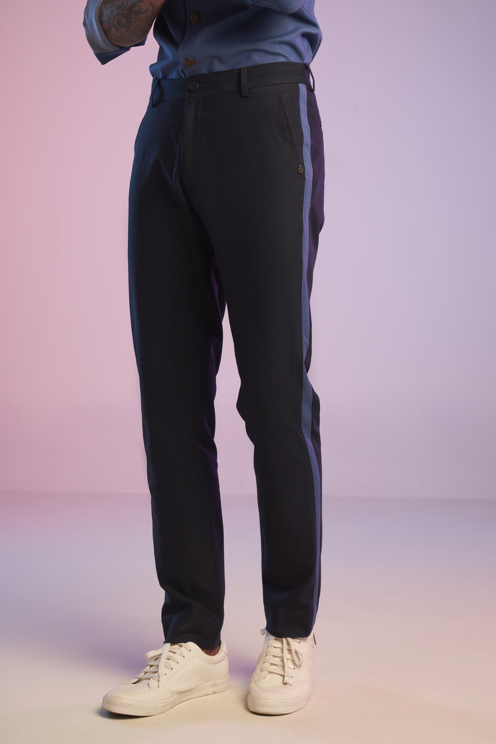 Navy Trousers with Denim Look Details