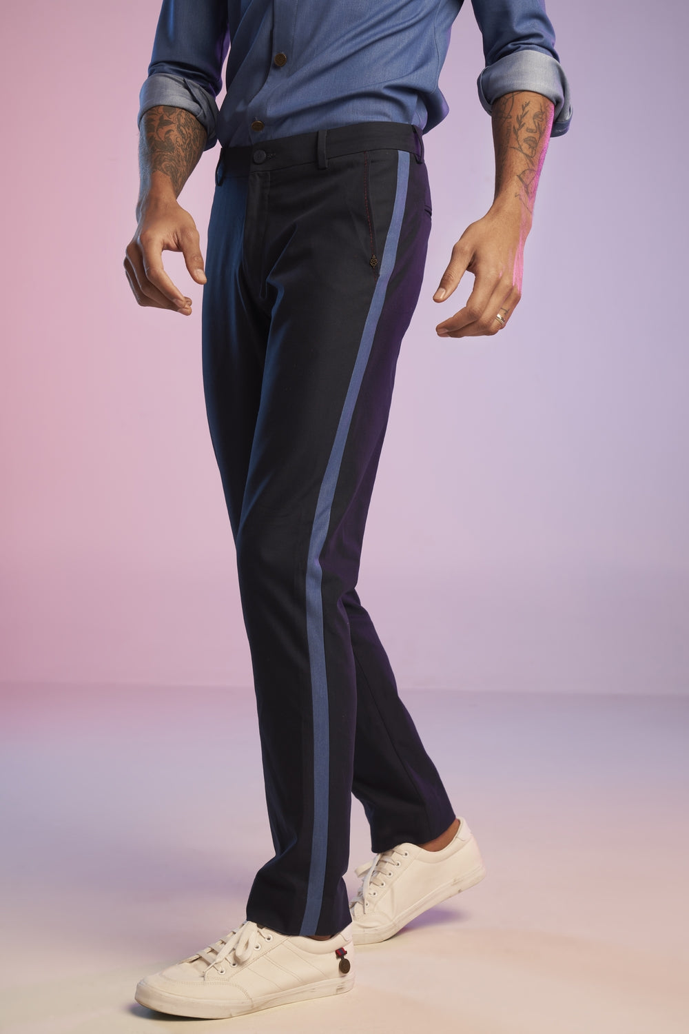 Navy Trousers with Denim Look Details