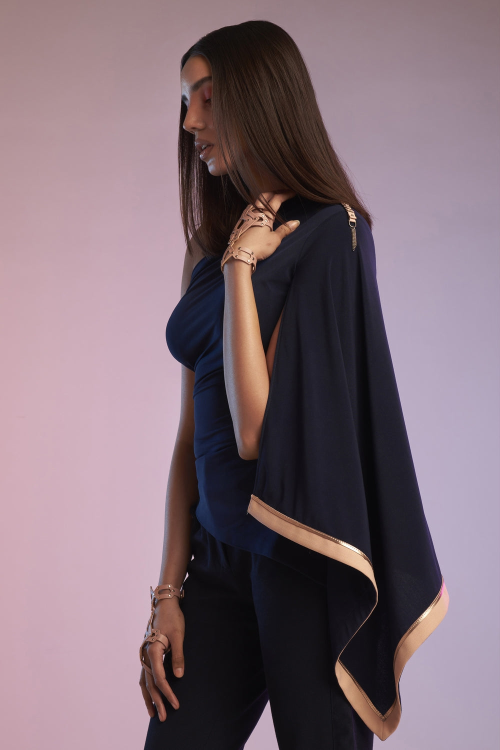 One Shoulder Navy Drape Top