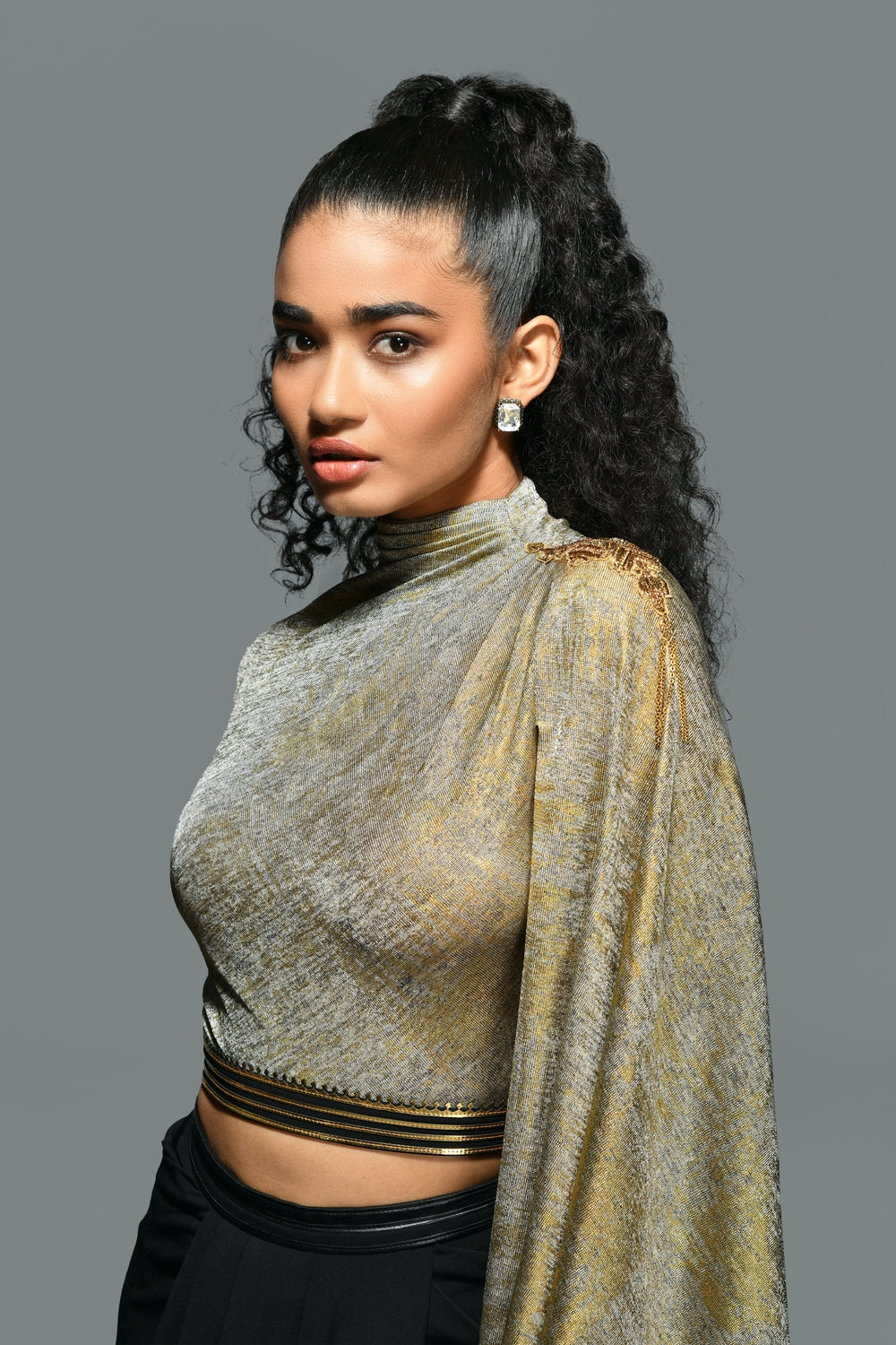 Draped Sleeve Gold Foil Crop Top