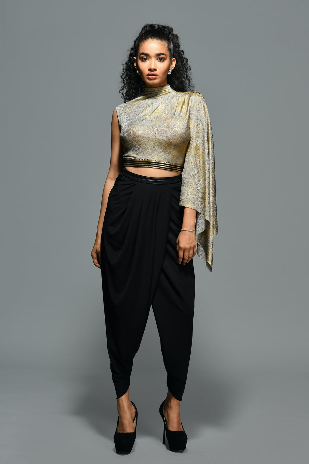 Draped Sleeve Gold Foil Crop Top