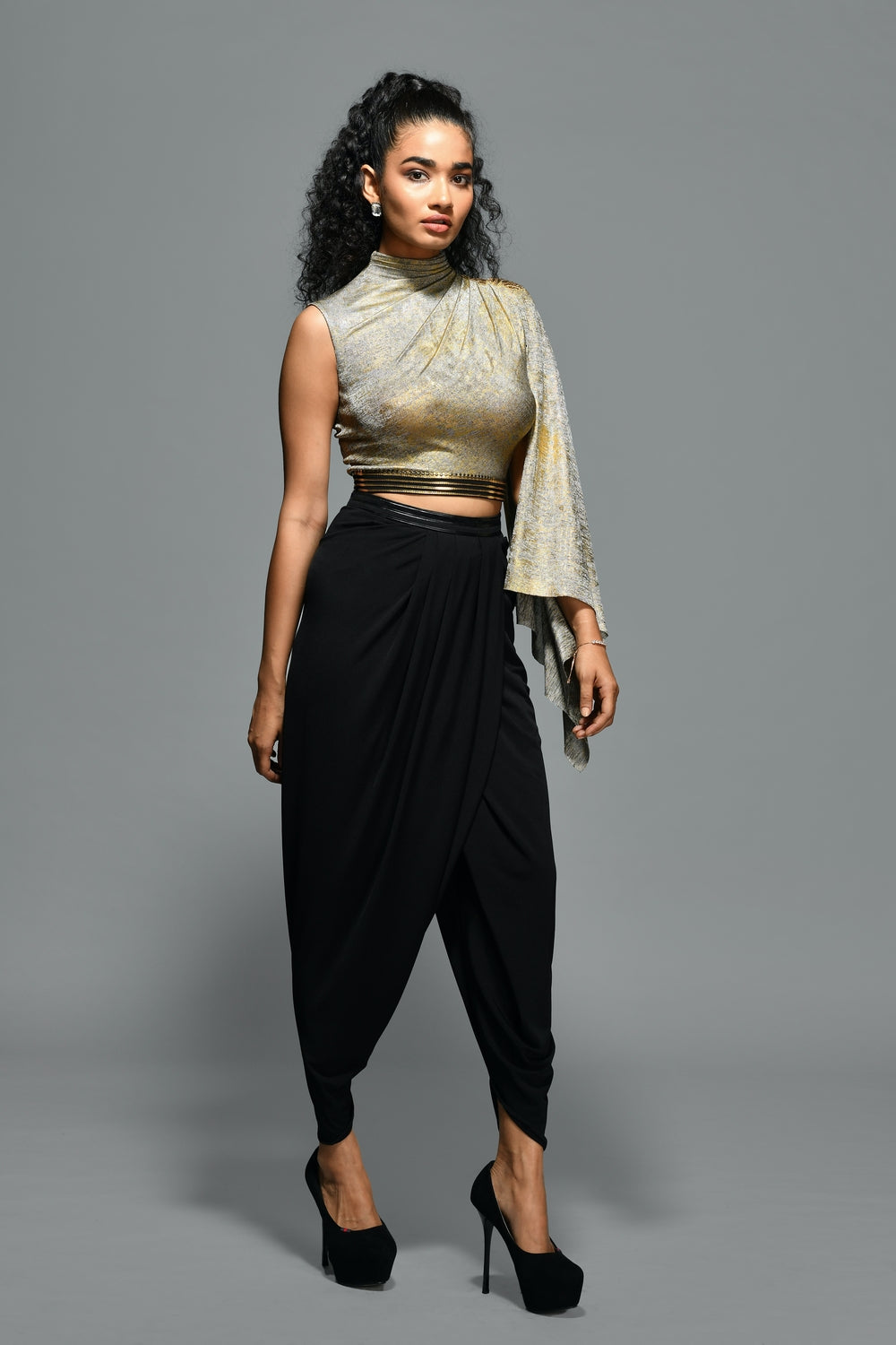 Draped Sleeve Gold Foil Crop Top