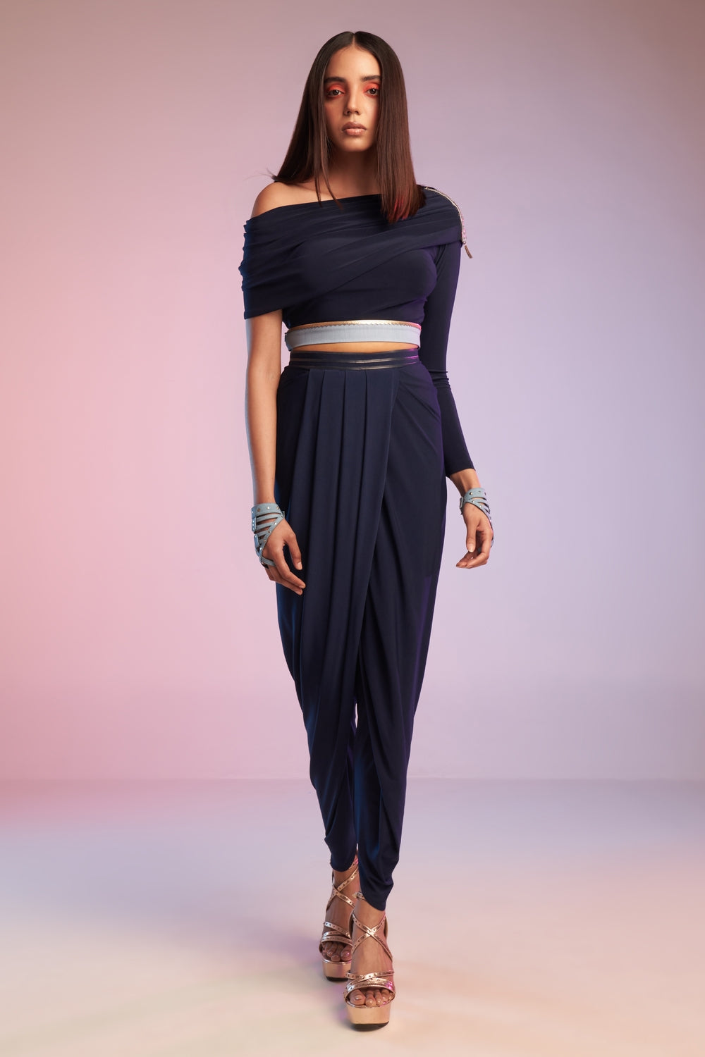 Navy Overlap Drape Pants