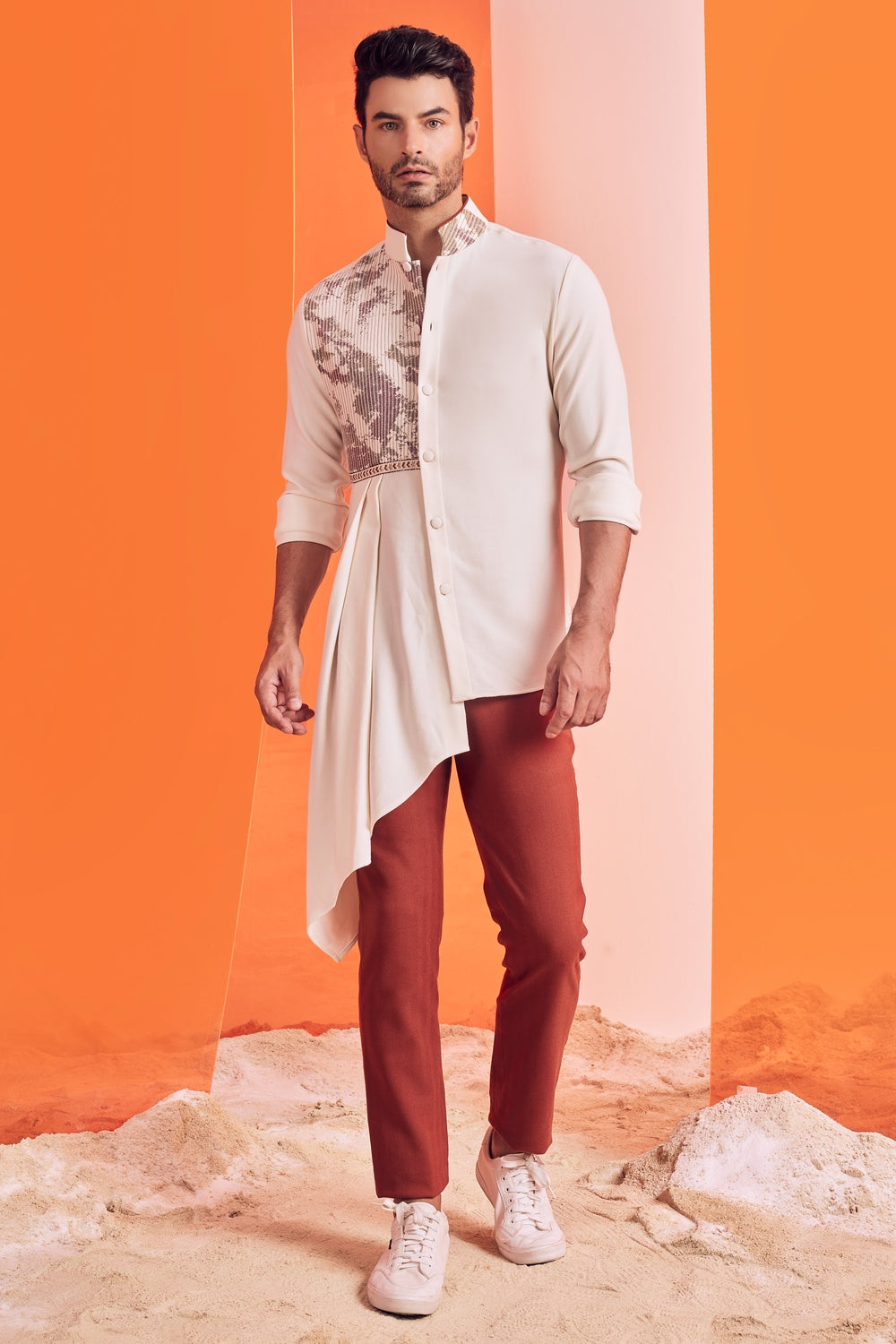 Textured Off White Drape Shirt