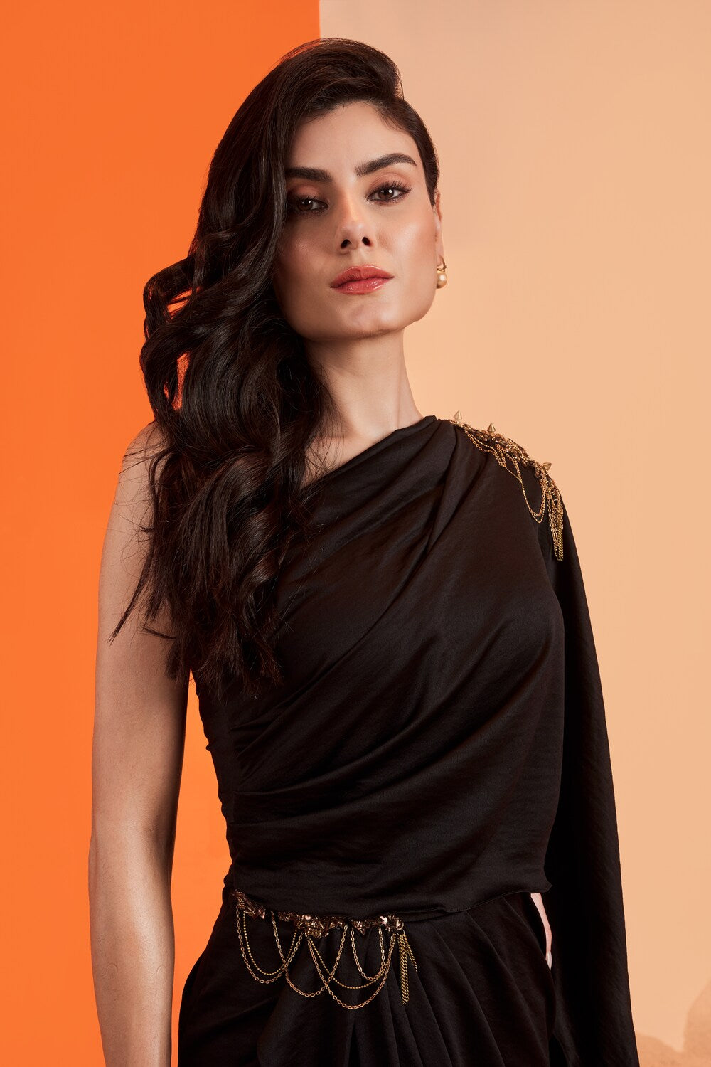 One Shoulder Black Saree Gown