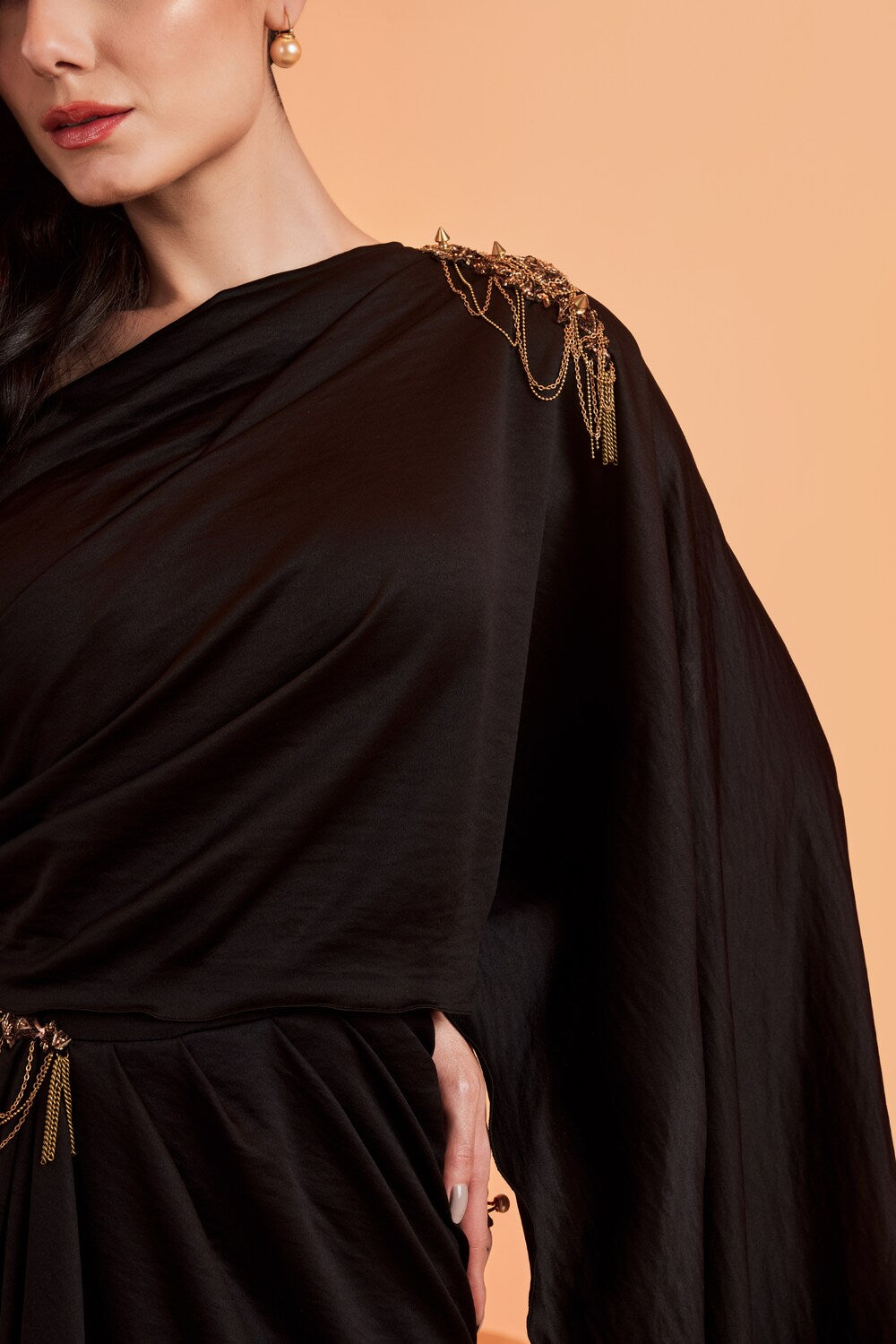 One Shoulder Black Saree Gown