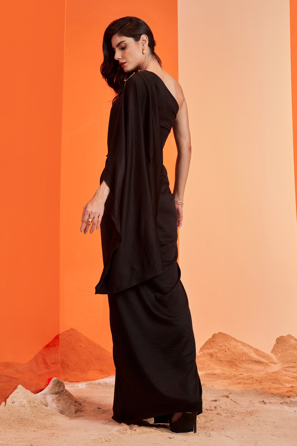 One Shoulder Black Saree Gown