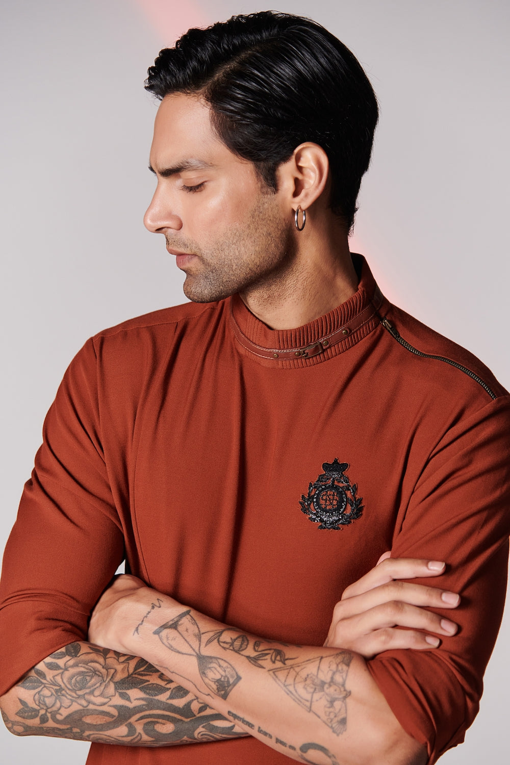 Rust Asymmetrical Kurta with 3D Crest