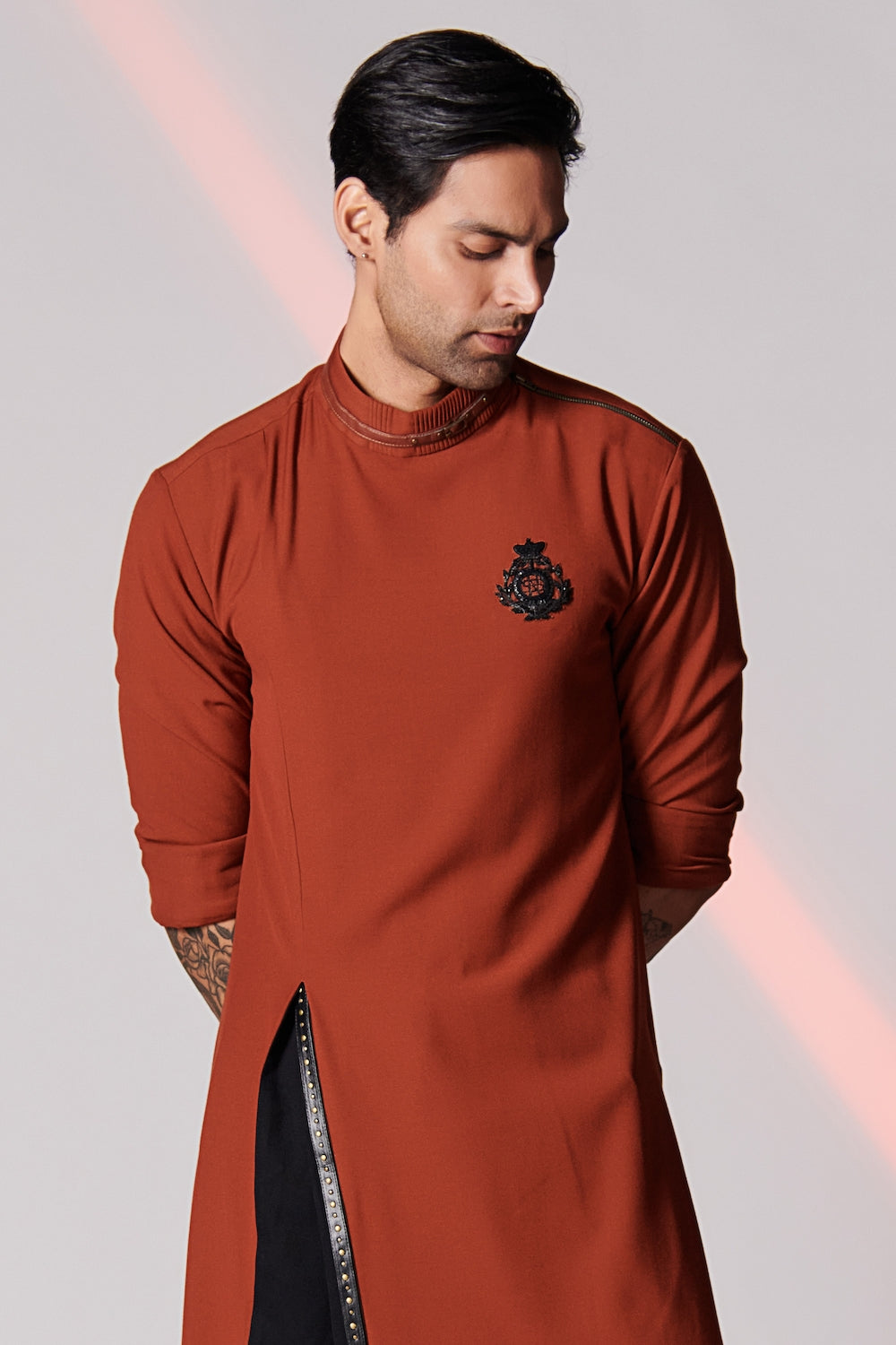 Rust Asymmetrical Kurta with 3D Crest