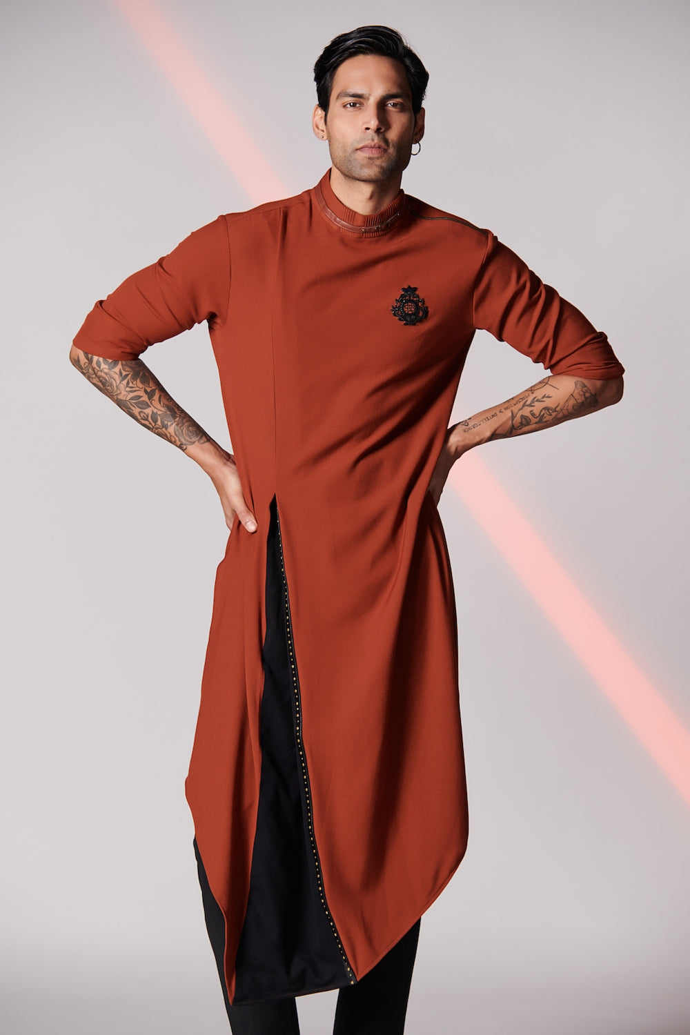 Rust Asymmetrical Kurta with 3D Crest