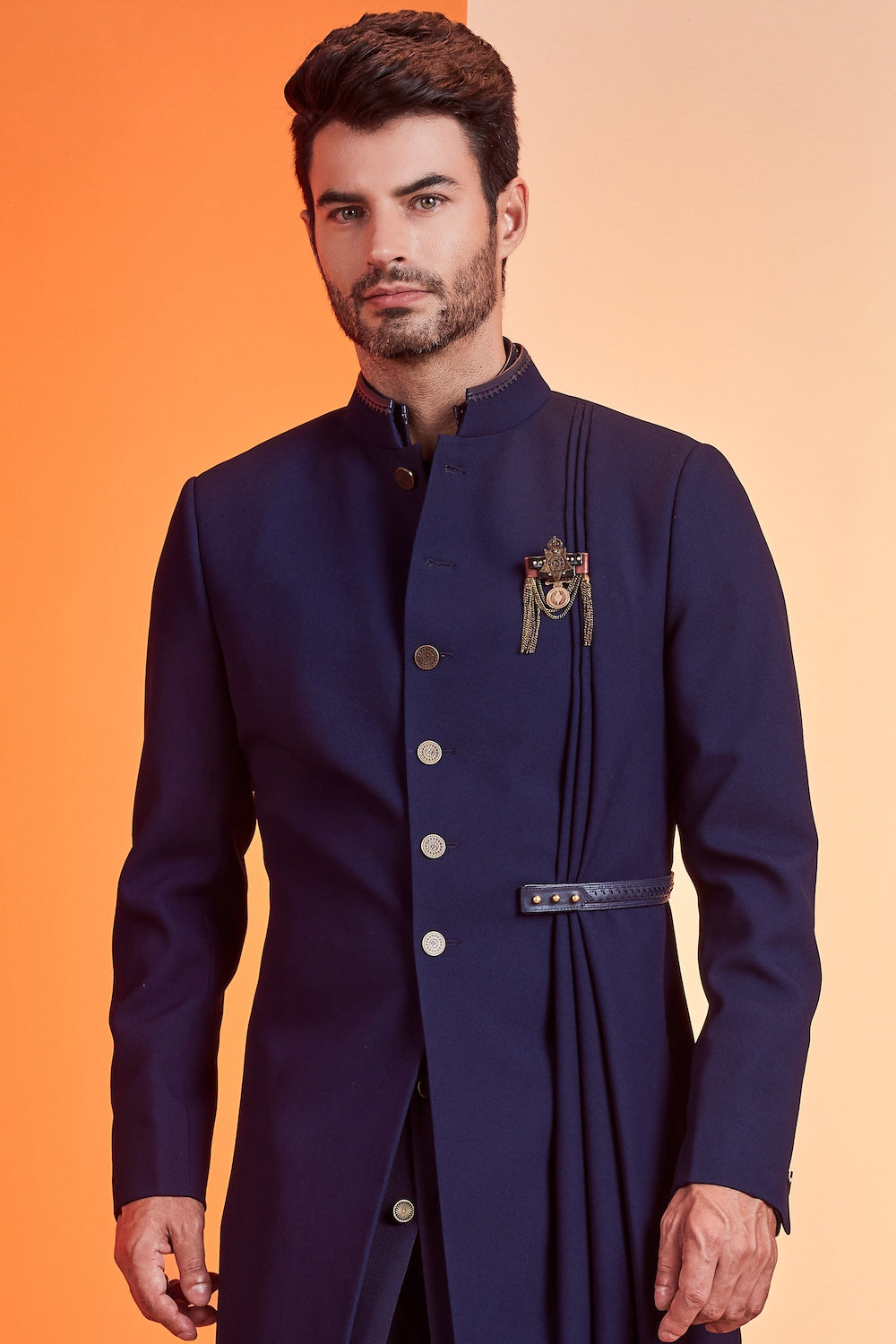 Navy Sherwani With Drape