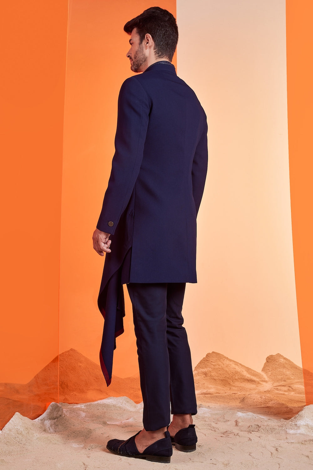 Navy Sherwani With Drape