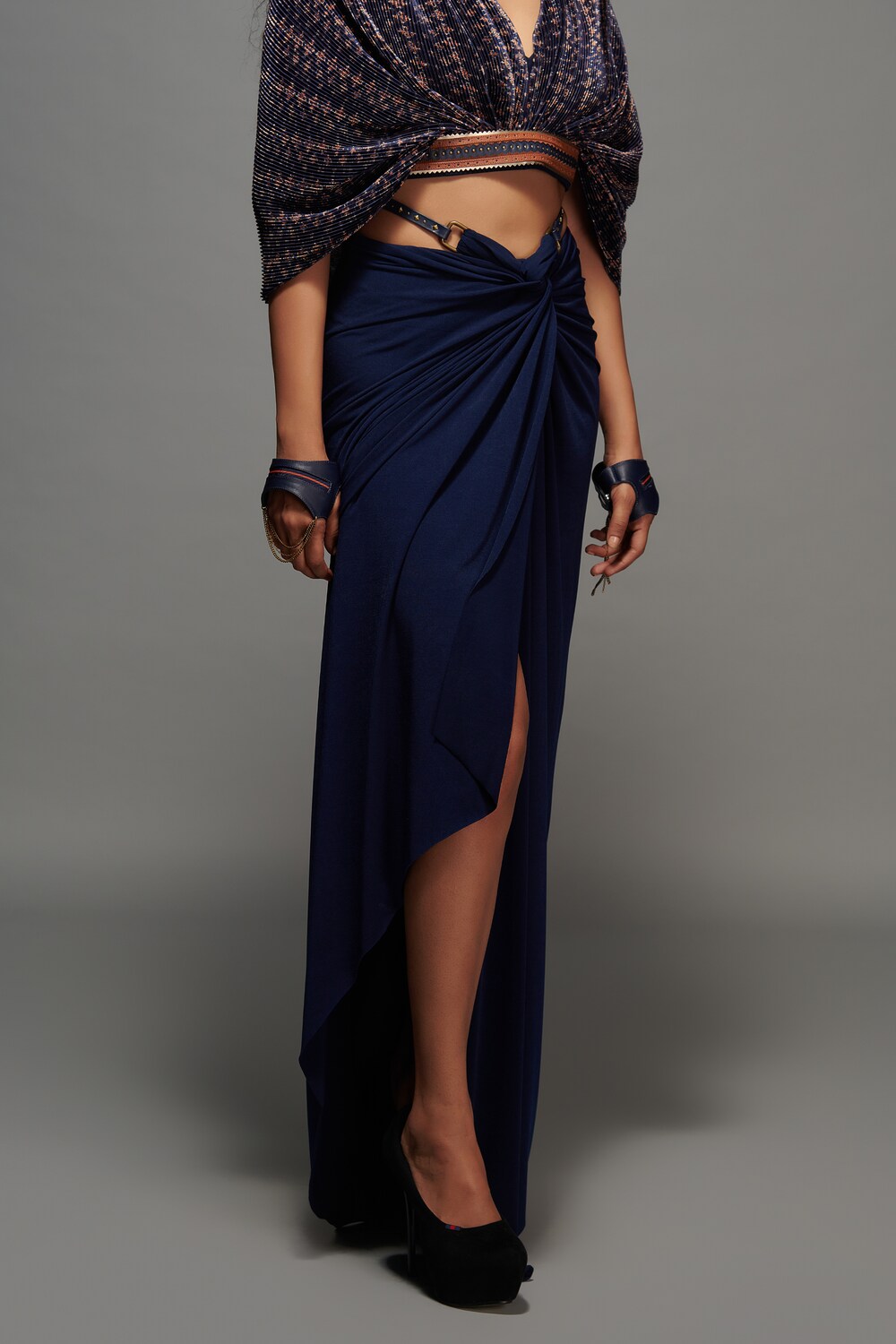 Navy Twisted Drape Skirt