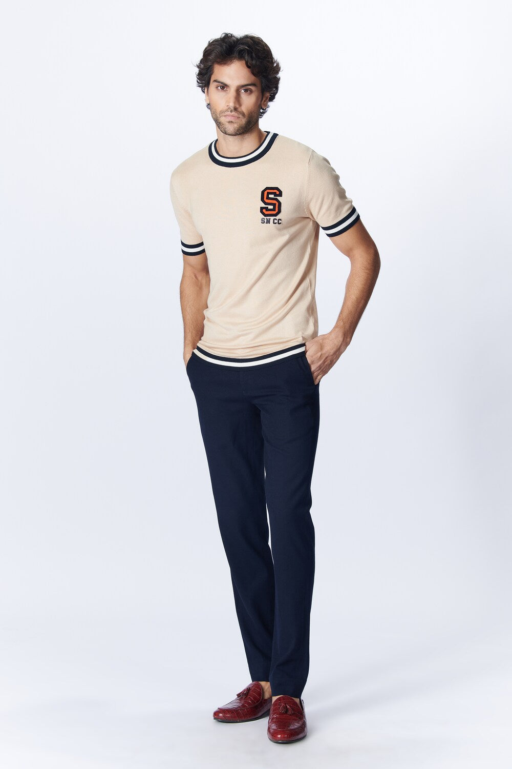 SNCC Beige Knit T-Shirt with Patch Logo