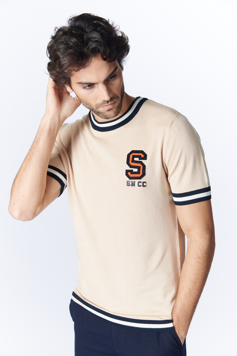 SNCC Beige Knit T-Shirt with Patch Logo