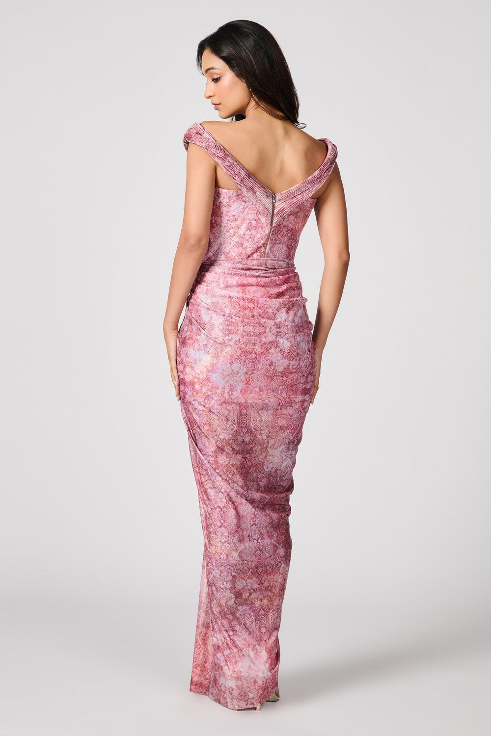 Pink Twisted Draped Print Saree Gown